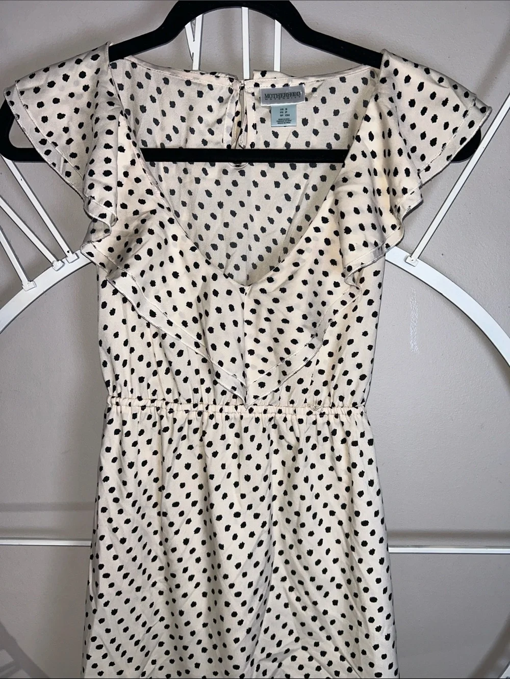 Motherhood Maternity Cream Dress with Black Polka Dots and Ruffle V-Neck - Picture 2 of 9